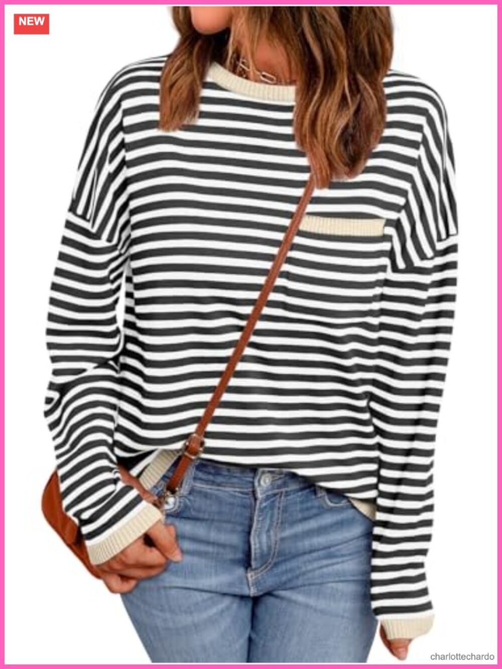 Oversized Striped Cotton Knit Crewneck Pullover Long Sleeve Sweater